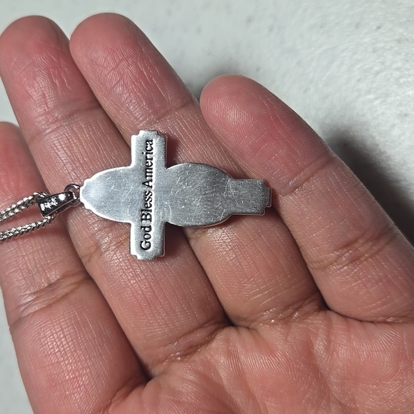 "God Bless America" Patriotic Cross Diamond Pendant Necklace - Picture 4 of 4